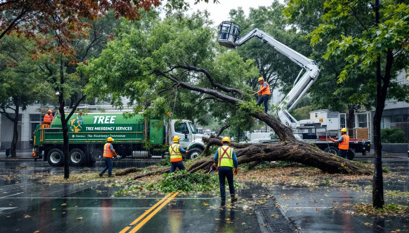 Emergency tree services being performed during a storm aftermath.