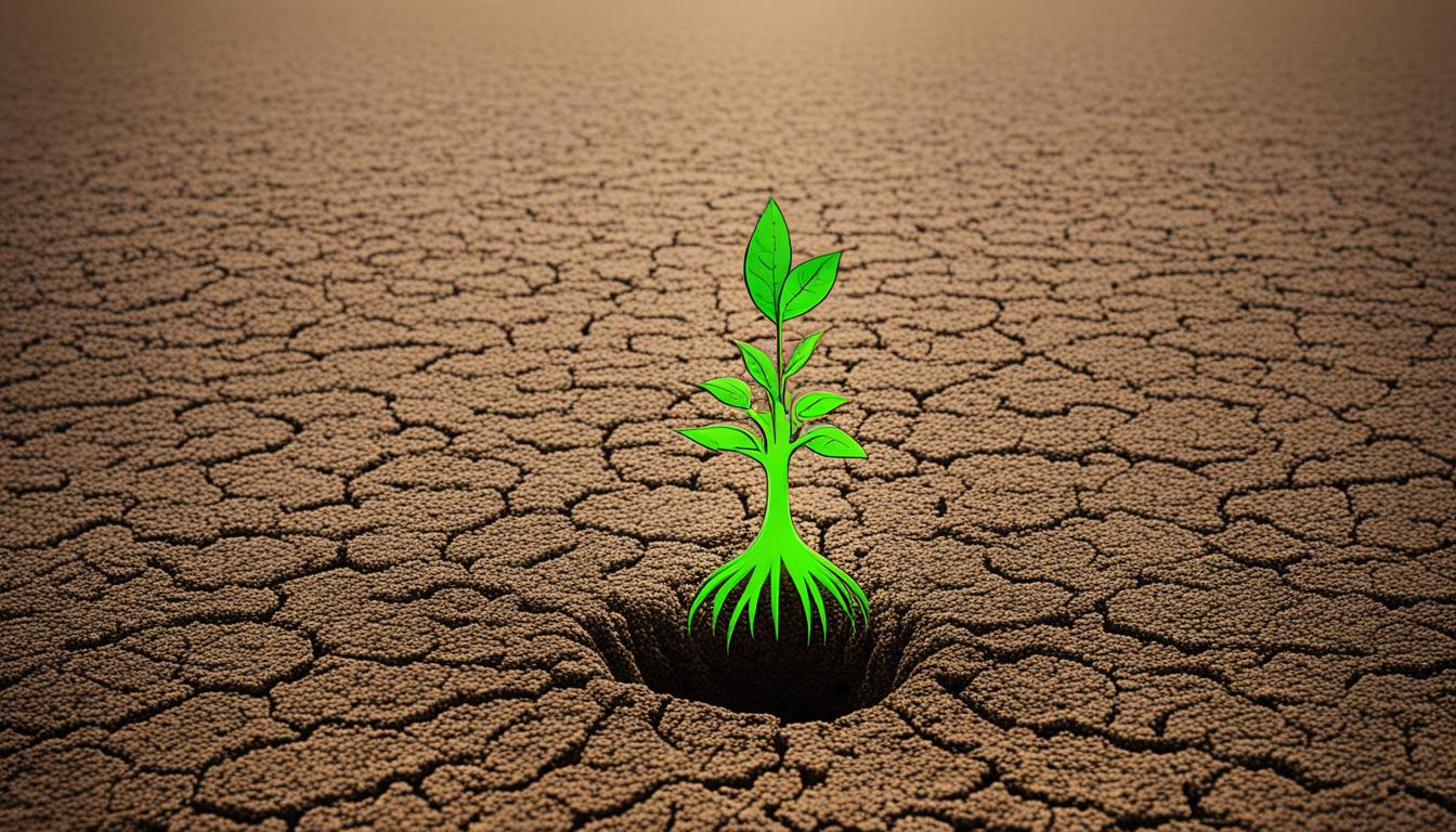 An image of a seed being planted in the ground and growing into a tall, sturdy tree. The tree represents patience and the journey it takes to grow strong and steady. The image should also include a background of a vast open field with a small figure of a person in the distance, representing trust in the process and letting go of control. The colors should be primarily earth tones with pops of green to represent growth and vitality.