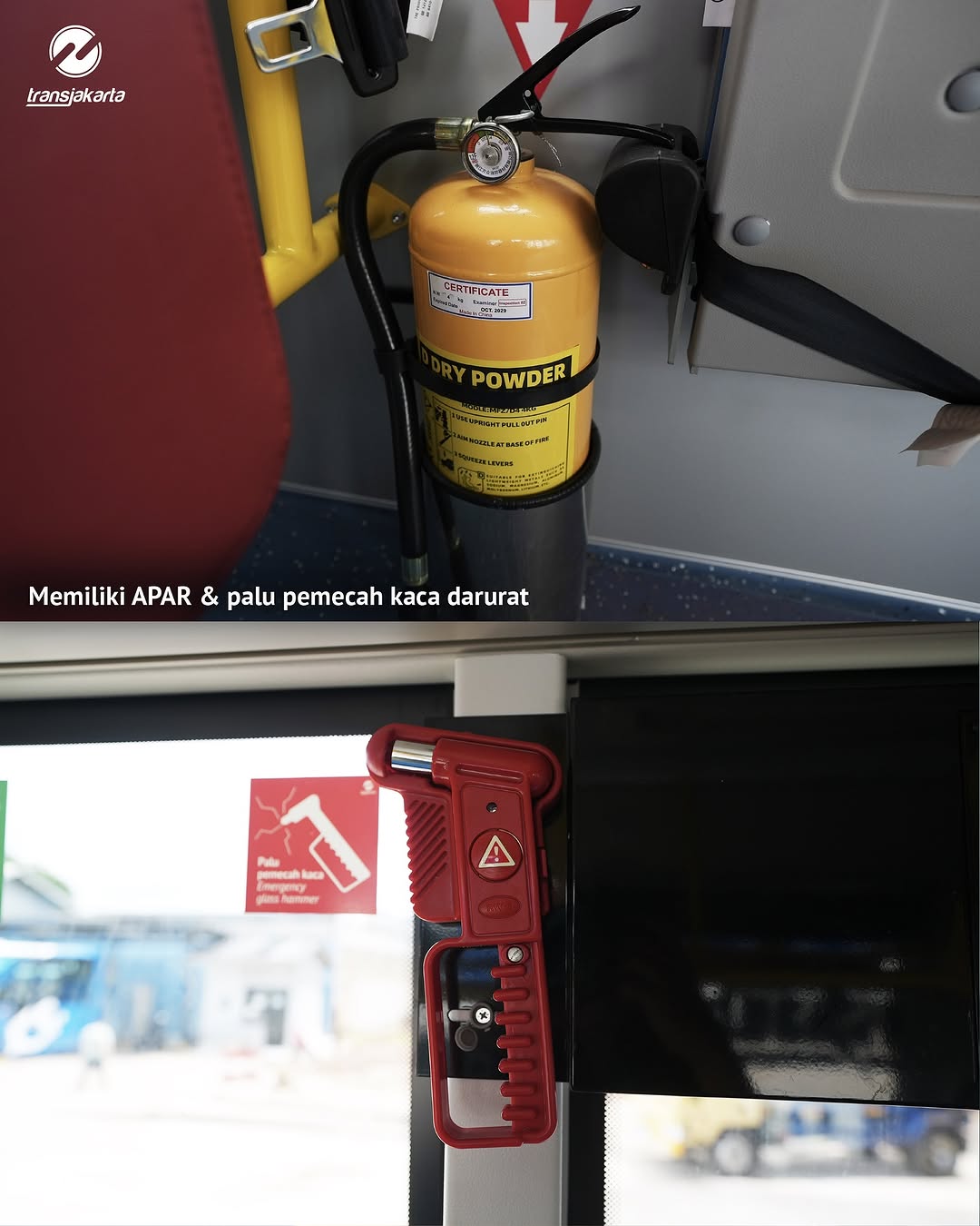 Fire extinguisher and emergency glass breaker hammer inside Transjakarta electric bus. Source:&nbsp;@pt_transjakarta