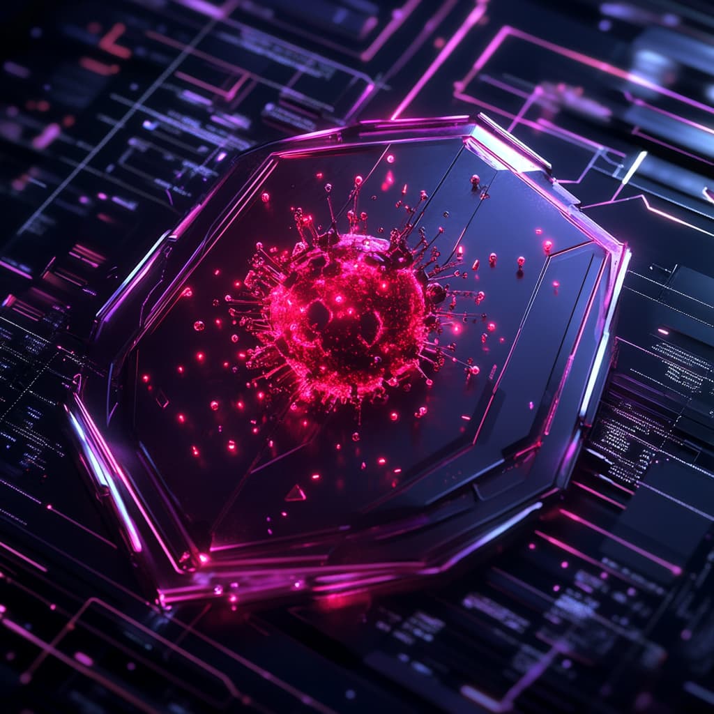 
A futuristic AI antivirus shield deflecting glowing red malware particles. Next-gen software UI with labels like 'AI Threat Detection' and 'Zero-Day Protection.' Sleek, metallic tech aesthetic with purple accents