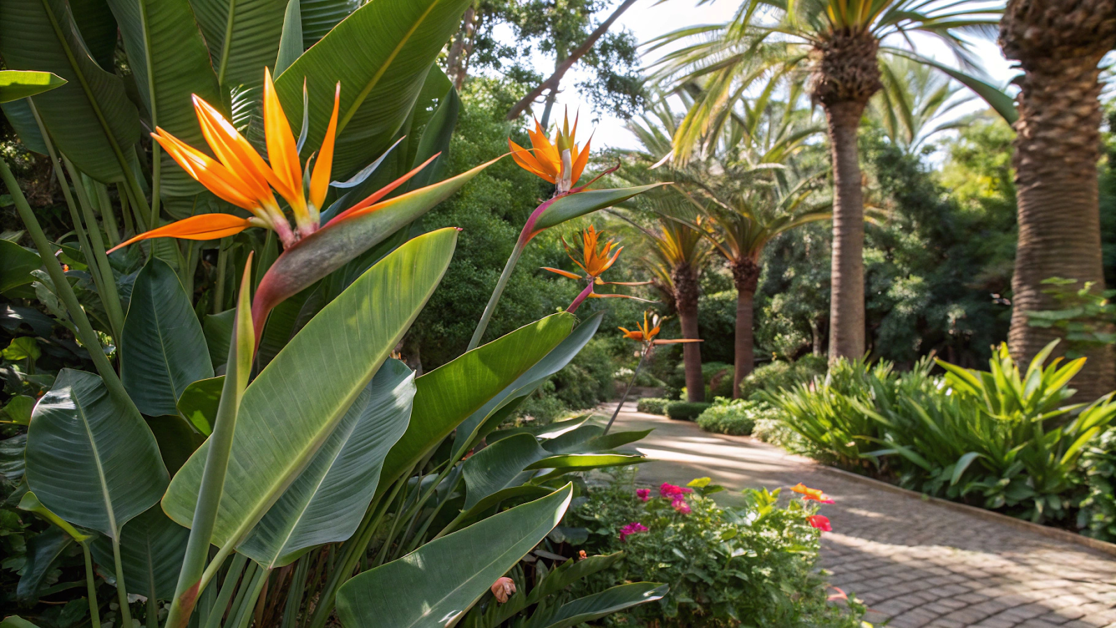 Strelitzia Augusta em um jardim tropical, cercada por vegetação exuberante.