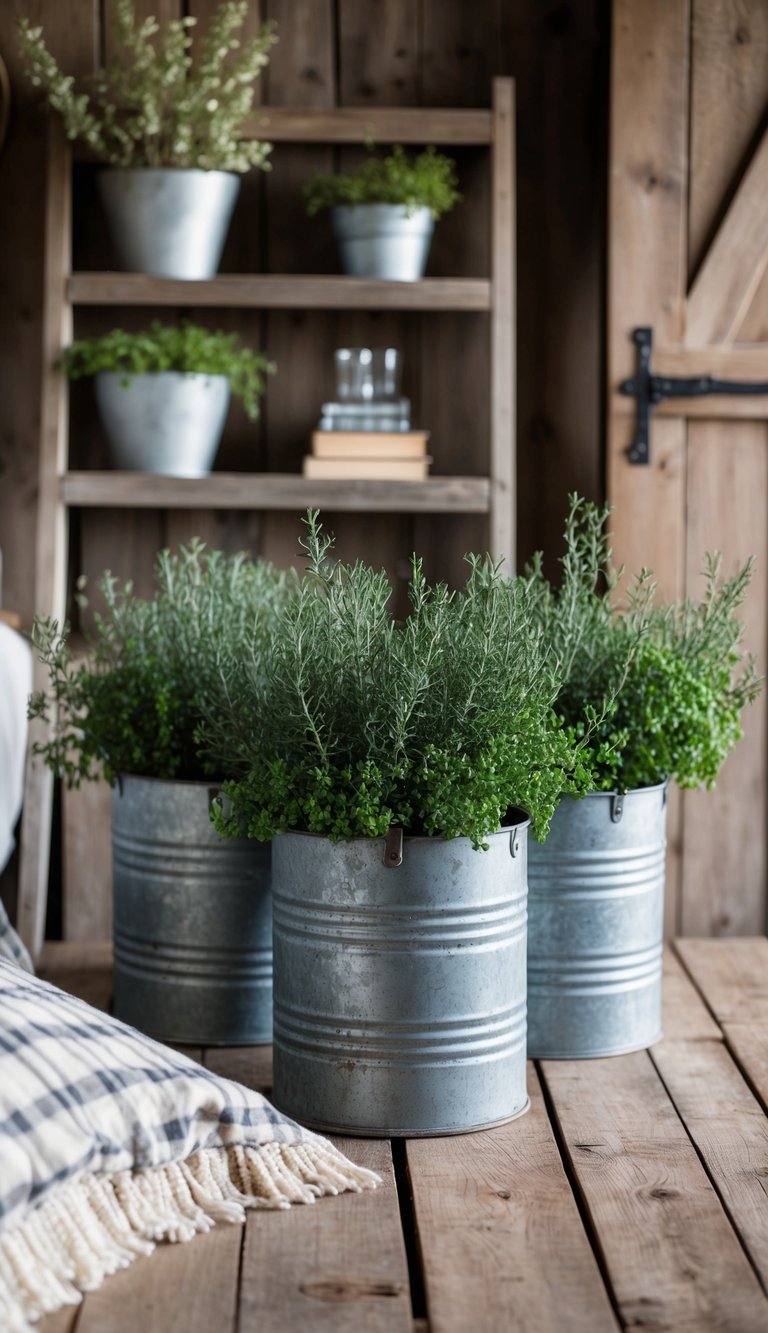 A rustic farmhouse scene with galvanized metal planters filled with greenery and surrounded by cozy bedding ideas