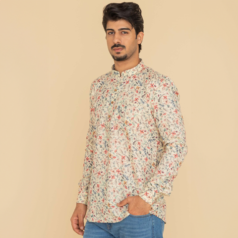 Cream Printed Short Kurta