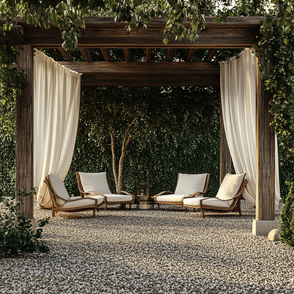 An image of an outdoor daybed nook with curtains. 