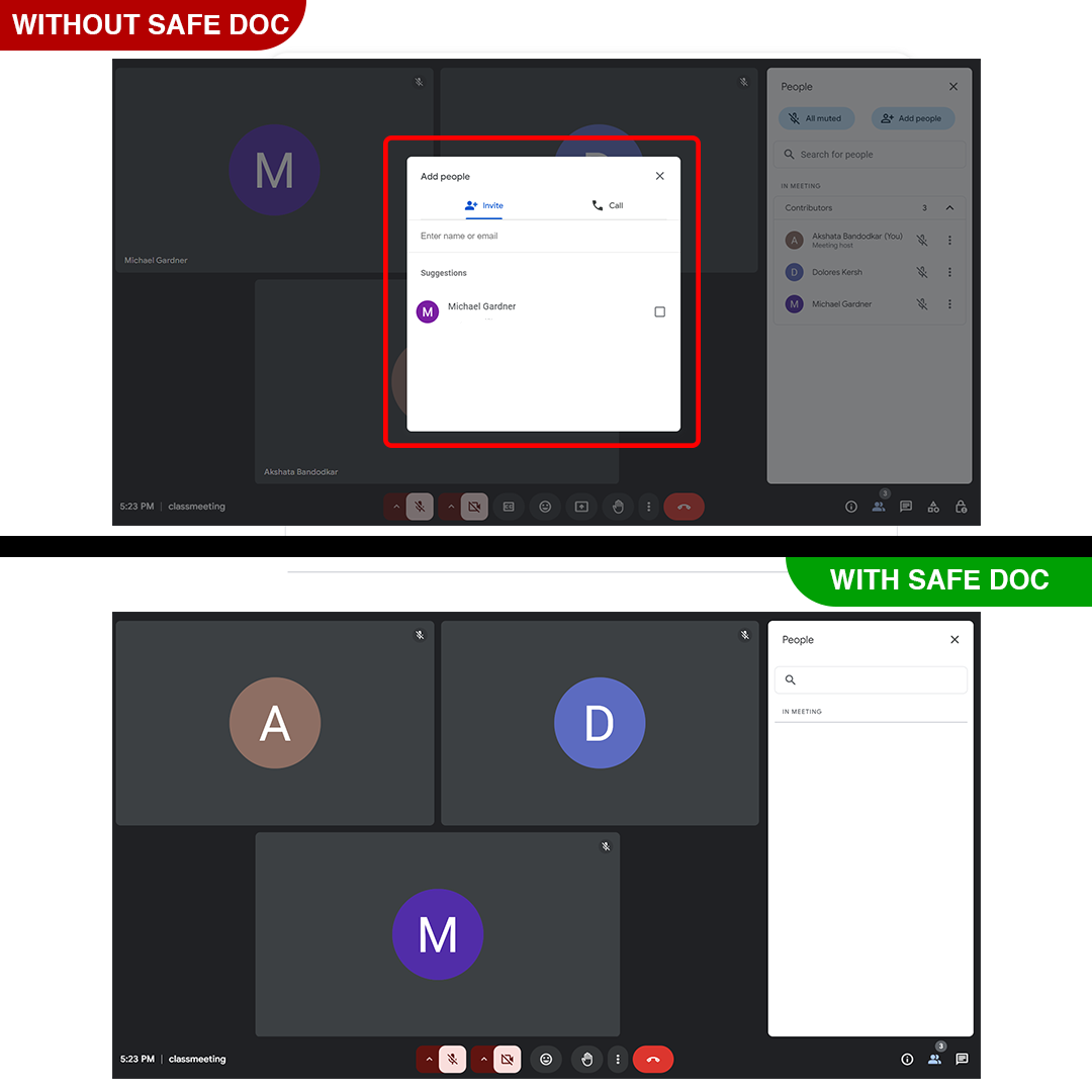 Adding people to a video meeting in Google Meet is disabled by Safe Doc