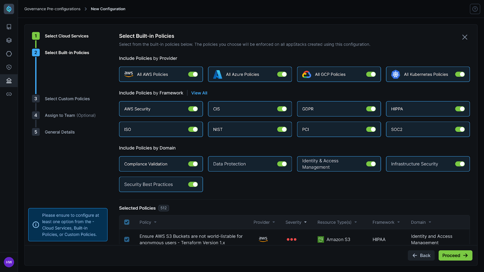 StackGen security policies selection screen