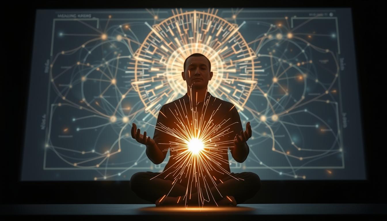 A person meditating in front of a visualization board with fast-moving energy lines and light emanating from their hands, symbolizing the rapid manifestation of their desires.