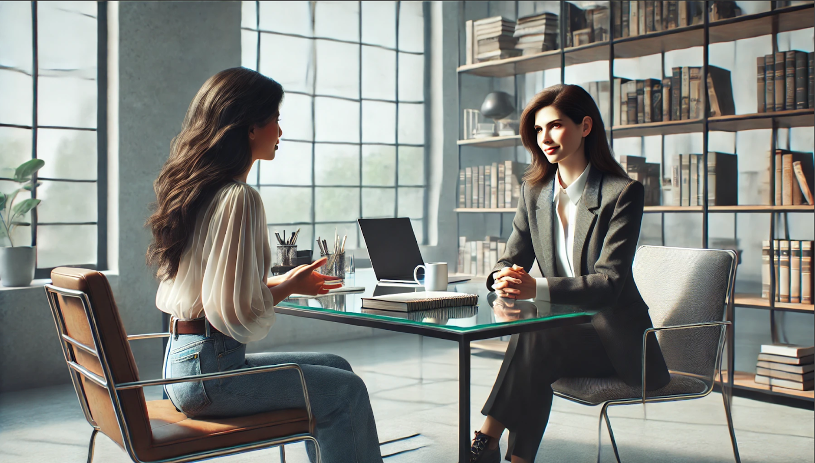 Two professionally dressed women sit across from each other at a glass table in a modern office, engaged in a focused conversation. The office features large windows allowing natural light to stream in, with bookshelves lining the walls, adding a sophisticated and intellectual atmosphere. A laptop, coffee cup, and neatly stacked documents rest on the table, indicating a business meeting or interview. 