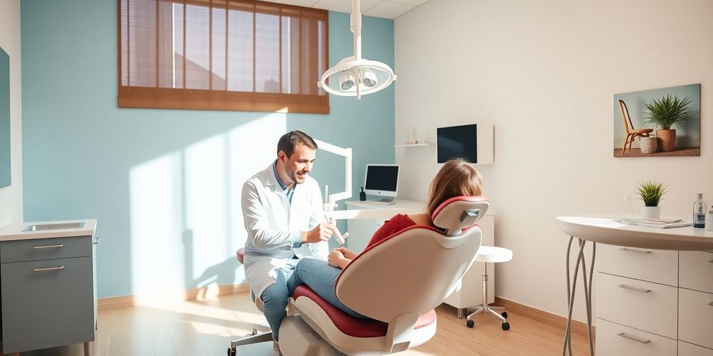 Bright dental office with a smiling dentist and patient.