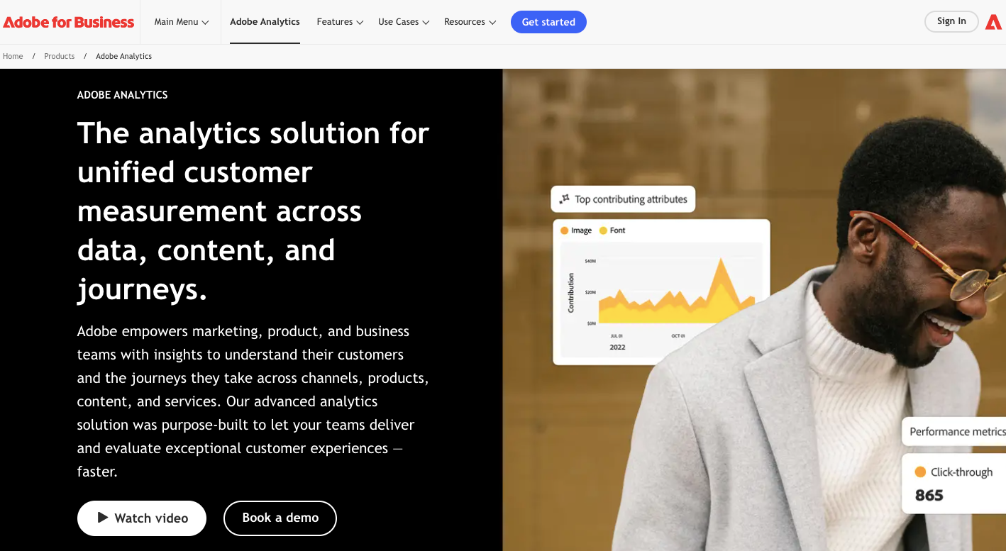 Adobe Analytics solution highlighting user behavior tracking, customer journey analysis, and advanced segmentation across digital marketing efforts.