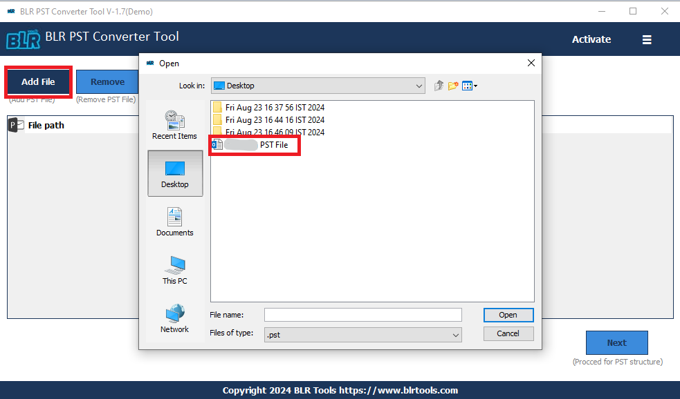 select targeted PST file for the conversion process