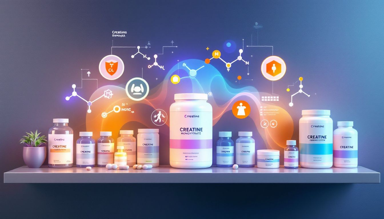 An assortment of creatine monohydrate supplements displayed on a shelf.