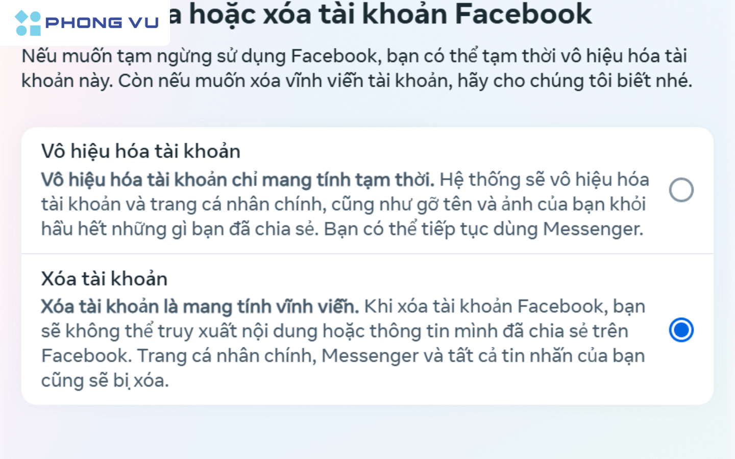 Chọn Xóa tài khoản