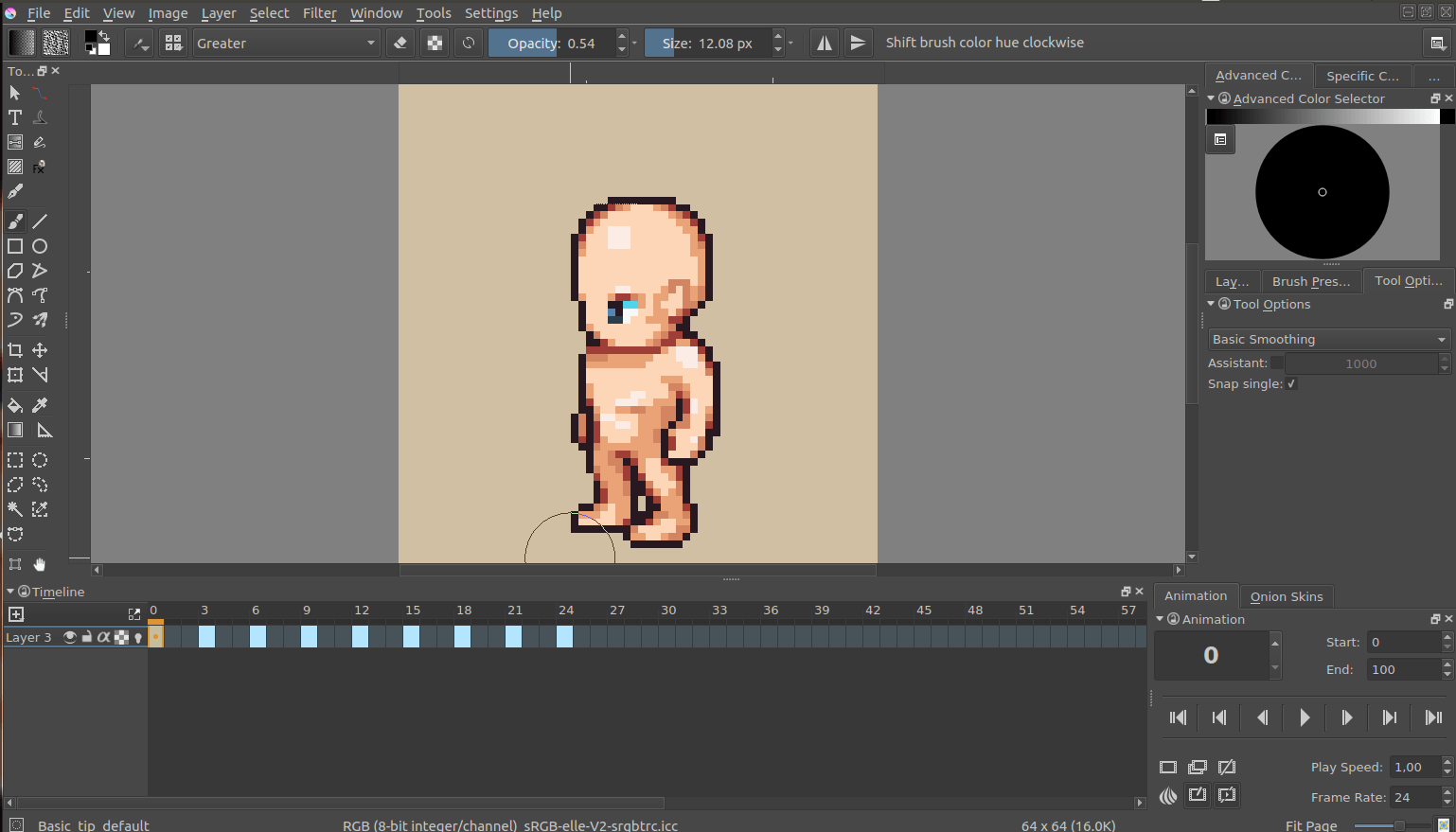 Krita animation interface with drawing of pixeleted baby