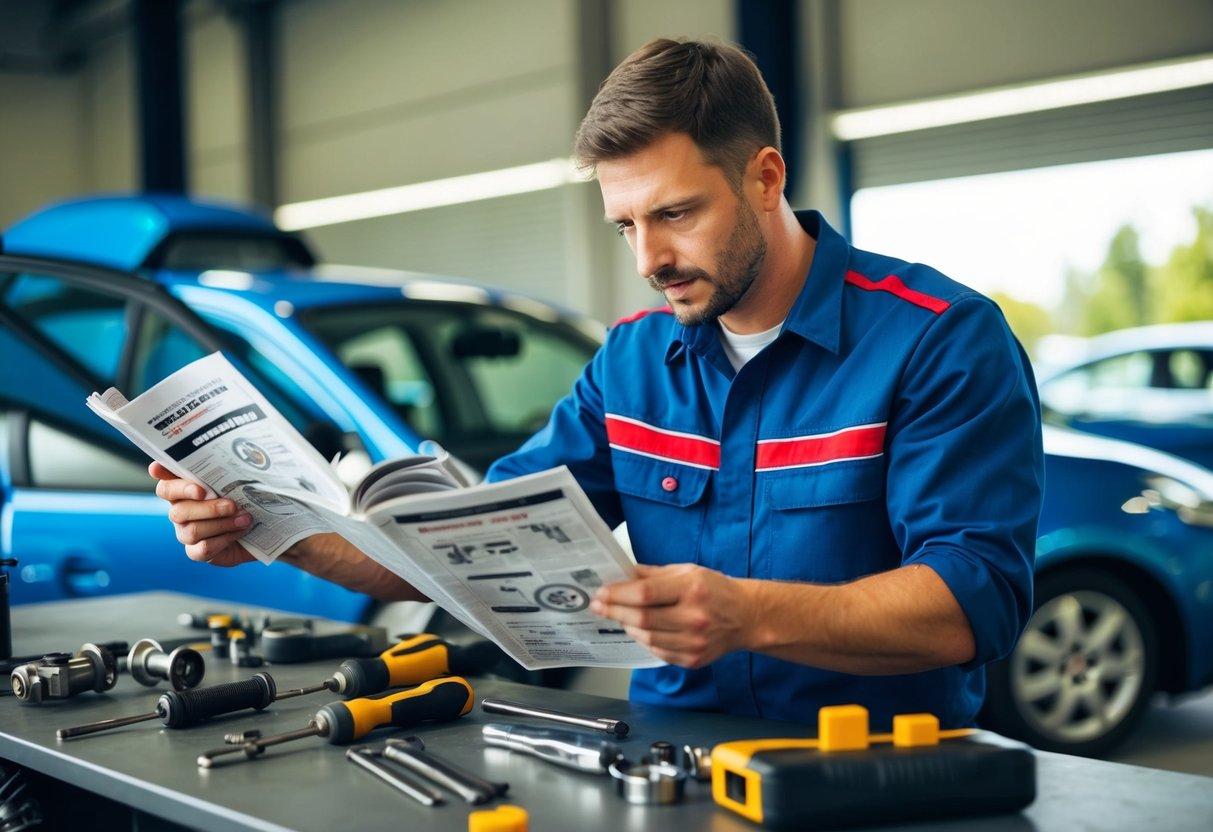 A mechanic using workshop manuals to repair a car. Tools and parts scattered on a workbench