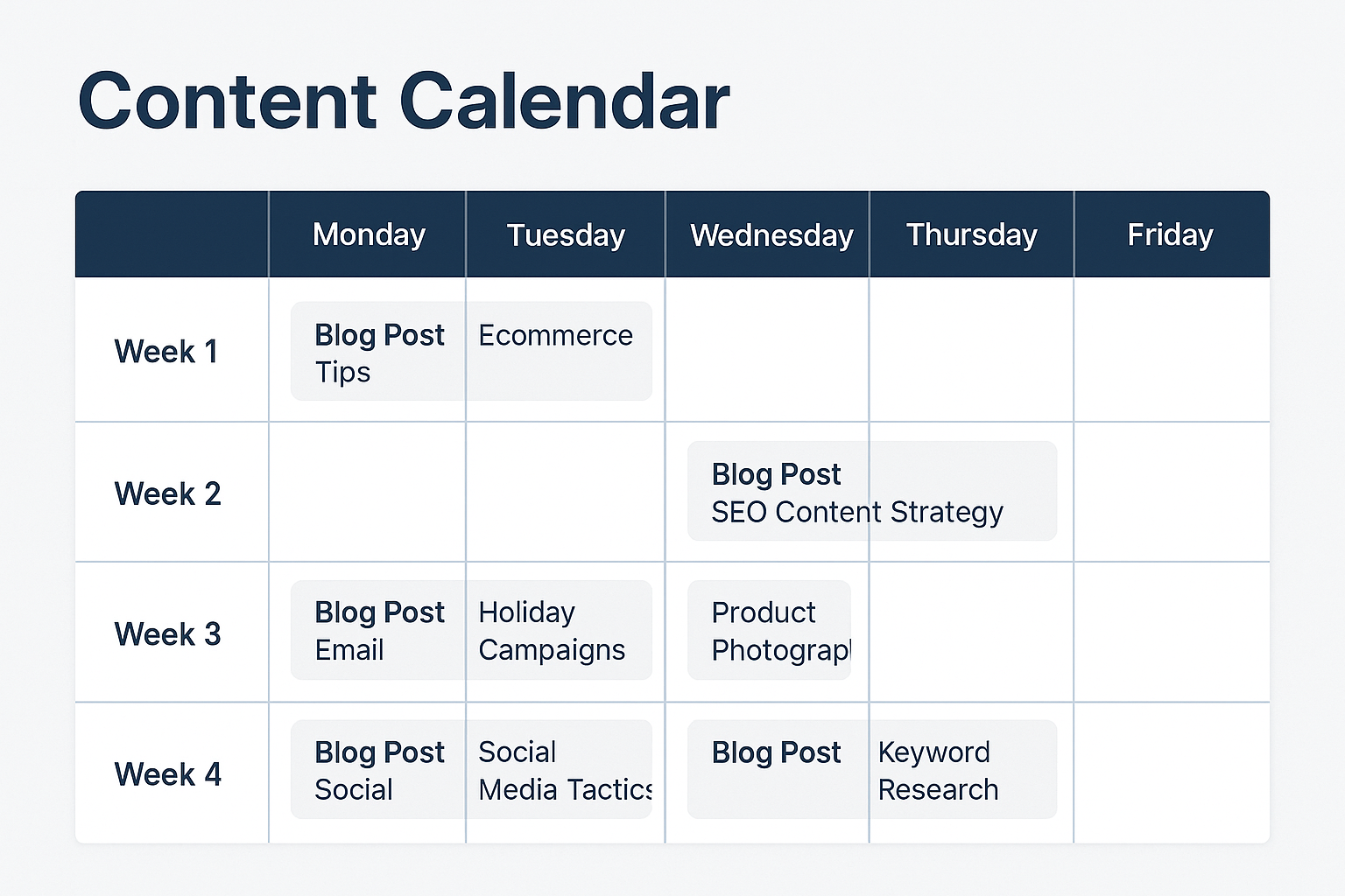 Content marketing calendar displaying scheduled blog posts and SEO content strategy for ecommerce