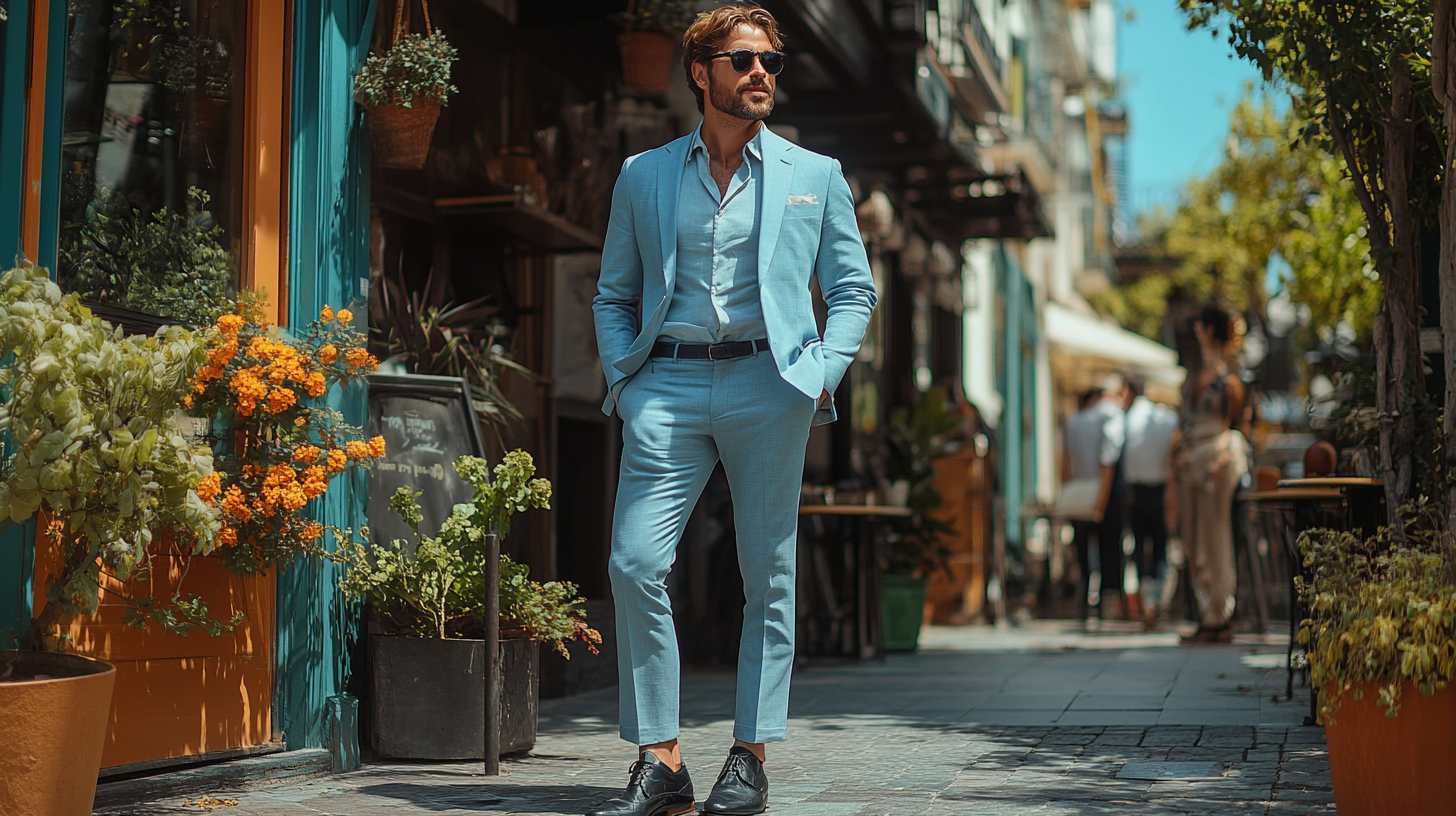 A man standing outdoors at a casual gathering, wearing a light blue suit with classic black shoes and an open-collared shirt. The setting includes sunny weather, a relaxed patio, and vibrant social activity in the background.