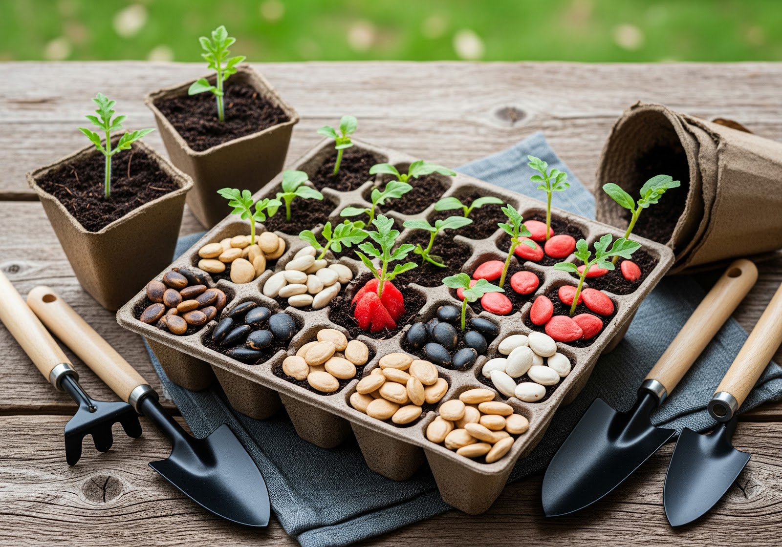 diferentes tipos de sementes de melancia em uma bandeja de mudas, com ferramentas de jardinagem ao redor