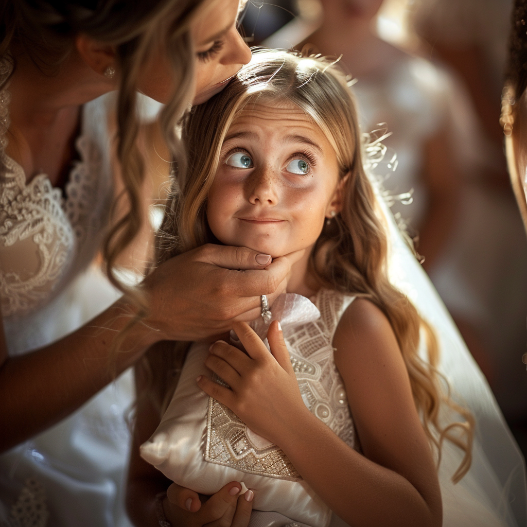 A bride kissing the head of a little girl | Source: Midjourney