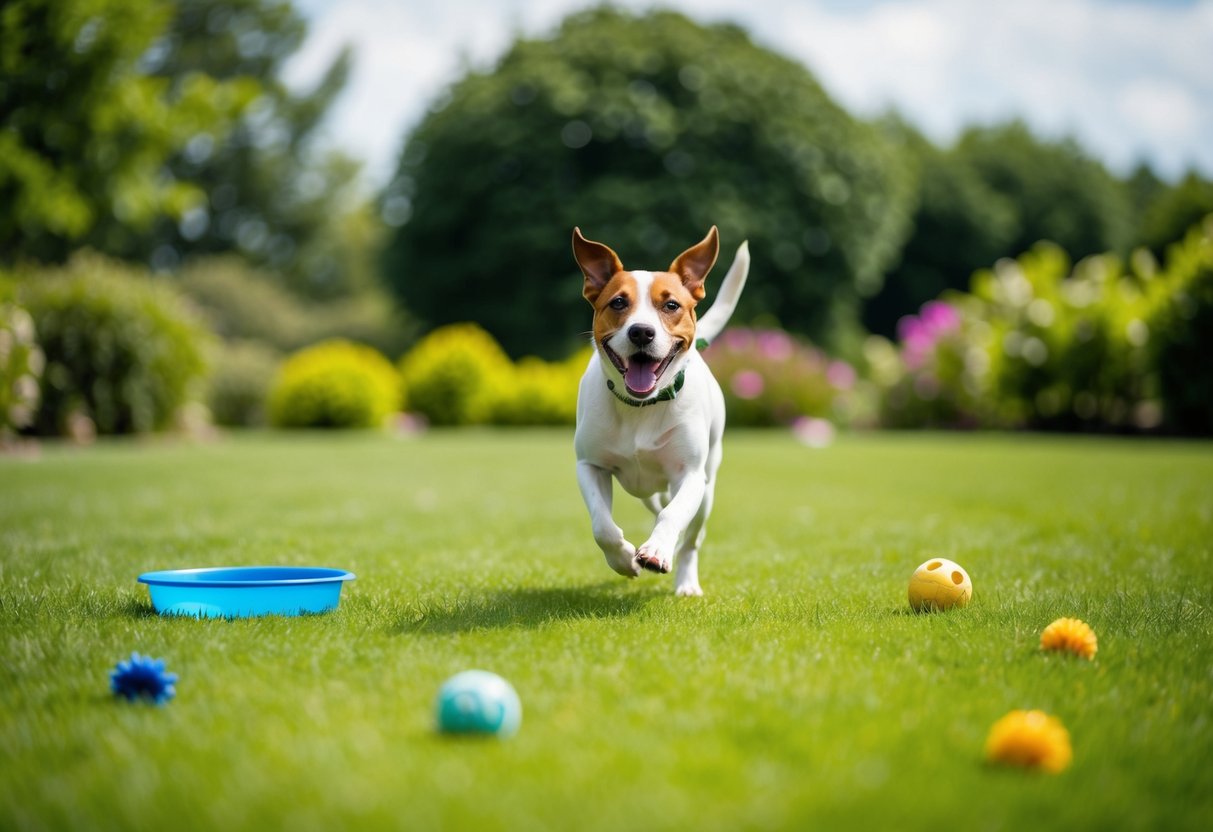 A dog running and playing on a lush, green lawn with a few scattered toys and a water dish nearby