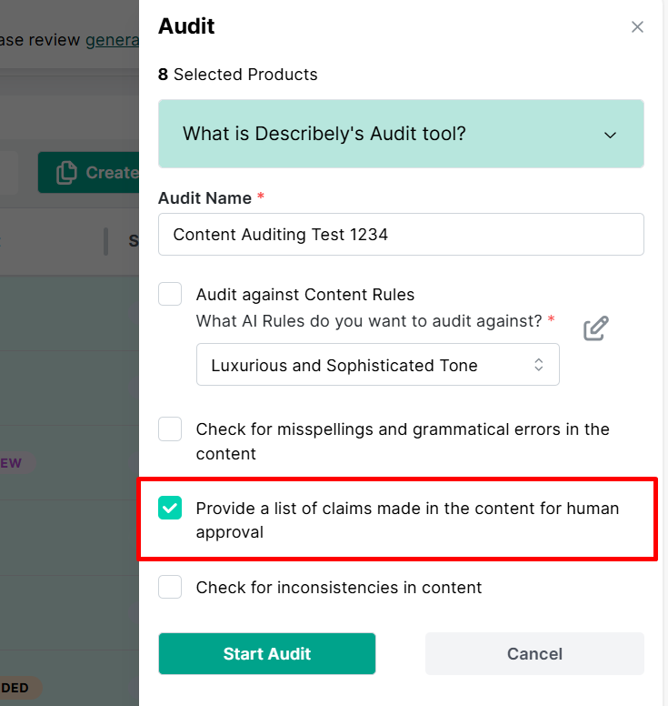 Content auditing feature in Describely