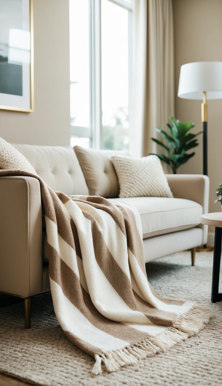 A cozy beige and white striped throw blanket draped over a plush sofa in a stylish beige living room with modern decor