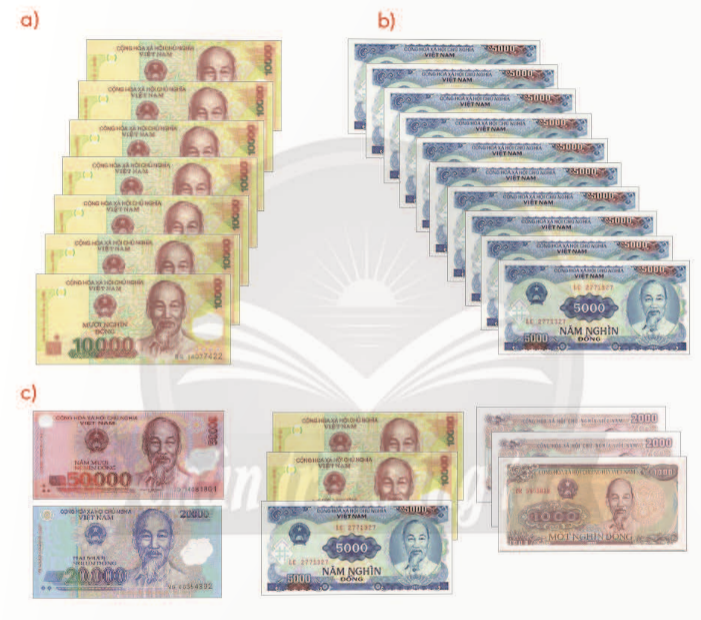 BÀI 35.TIỀN VIỆT NAMTHỰC HÀNHBài 1: Đọc số ghi trên mỗi tờ tiền để biết mệnh giá của mỗi tờ tiền. Giải nhanh:Mệnh giá của mỗi tờ tiền:Bài 2: Đọc chữ ghi trên mỗi tờ tiền sau để biết mệnh giá của các tờ tiền.Giải nhanh:Hai trăm nghìn đồng.Năm trăm nghìn đồng.Bài 3: Đếm rồi nói (theo mẫu)Giải nhanh:a) Mười nghìn đồng, hai mươi nghìn đồng, ba mươi nghìn đồng, bốn mươi nghìn đồng, năm mươi nghìn đồng, sáu mươi nghìn đồng, bảy mươi nghìn đồng.  Có tất cả bảy mươi nghìn đồng.b) Năm nghìn đồng, mười nghìn đồng, mười lăm nghìn đồng, hai mươi nghìn đồng, hai mươi lăm nghìn đồng, ba mươi nghìn đồng, ba mươi lăm nghìn đồng, bốn mươi nghìn đồng, bốn mươi lăm nghìn đồng, năm mươi nghìn đồng.  Có tất cả năm mươi nghìn đồng.c) Năm mười nghìn đồng, bảy mươi nghìn đồng, tám mươi nghìn đồng, chín mươi nghìn đồng, chín mươi lăm nghìn đồng, chín mươi bảy nghìn đồng, chín mươi chín nghìn đồng, một trăm nghìn đồng. Có tất cả một trăm nghìn đồng.Bài 4: Kiểm đếm số lượng các tờ tiền có trong bài 3.Giải nhanh:Loại tiền50000 đồng20000 đồng10000 đồng5000 đồng2000 đồng1000 đồngSố tờ1 tờ1 tờ9 tờ11 tờ2 tờ1 tờ LUYỆN TẬPBài 1:Nếu có 50 000 đồng thì em mua được những đồ vật nào dưới đây?Giải nhanh:50 000 đồng có thể mua được :Hộp bút chì màu, búp bê, truyện cổ tích, đồ chơi công chúa, viết chì, đồ gọt bút chì, xe đồ chơi, đồ nhảy dây.Bài 2: Giá tiền 1 kg cà chua 17 000 đồng. Với số tiền 50 000 đồng, mẹ có thể mua được 2 kg cà chua không?Giải nhanh:2 kg cà chua có giá là: 17 000 x 2 = 34 000 đồng < 50 000 đồng Vậy với số tiền 50 000 đồng, mẹ có thể mua được 2 kg cà chua.VUI HỌC