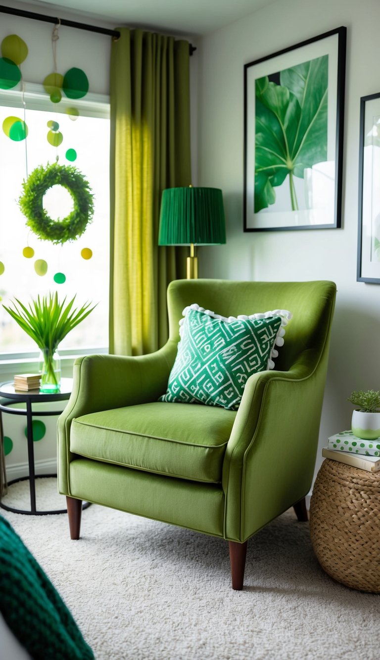 A grass green armchair sits in a cozy bedroom surrounded by 23 green decor ideas