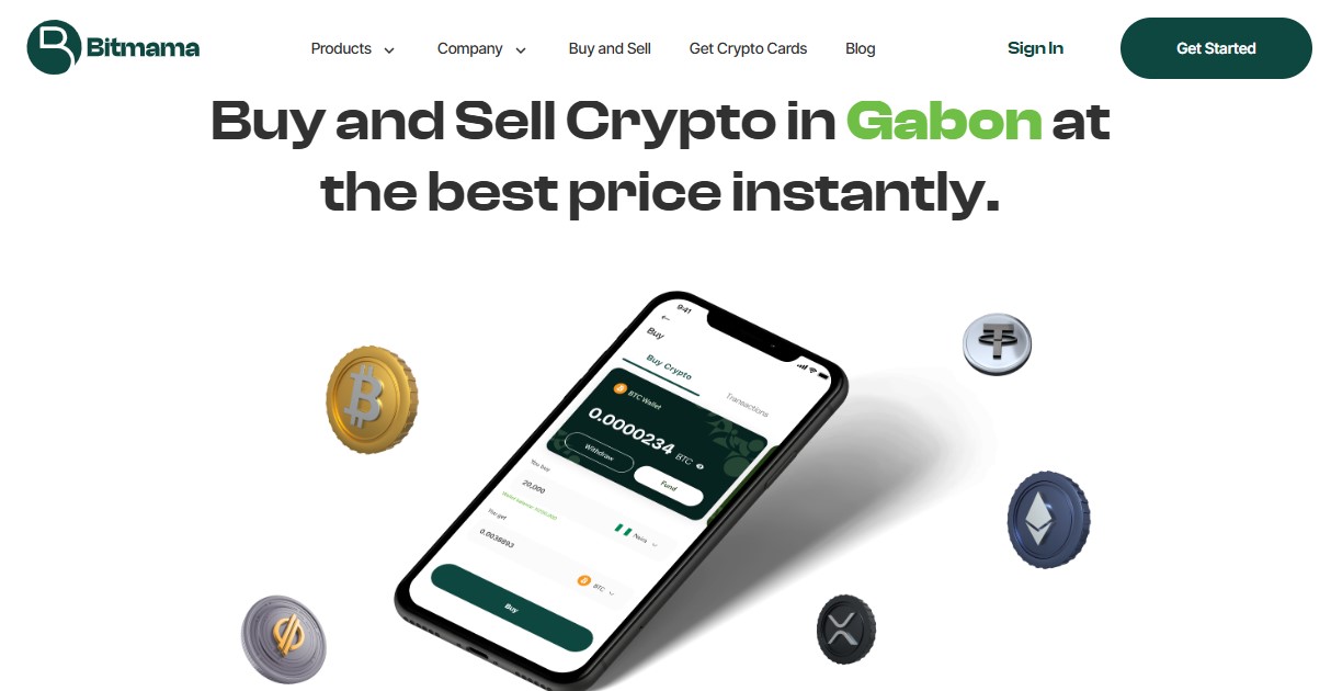 A web page on Bitmama’s website where users can buy and sell crypto in Gabon