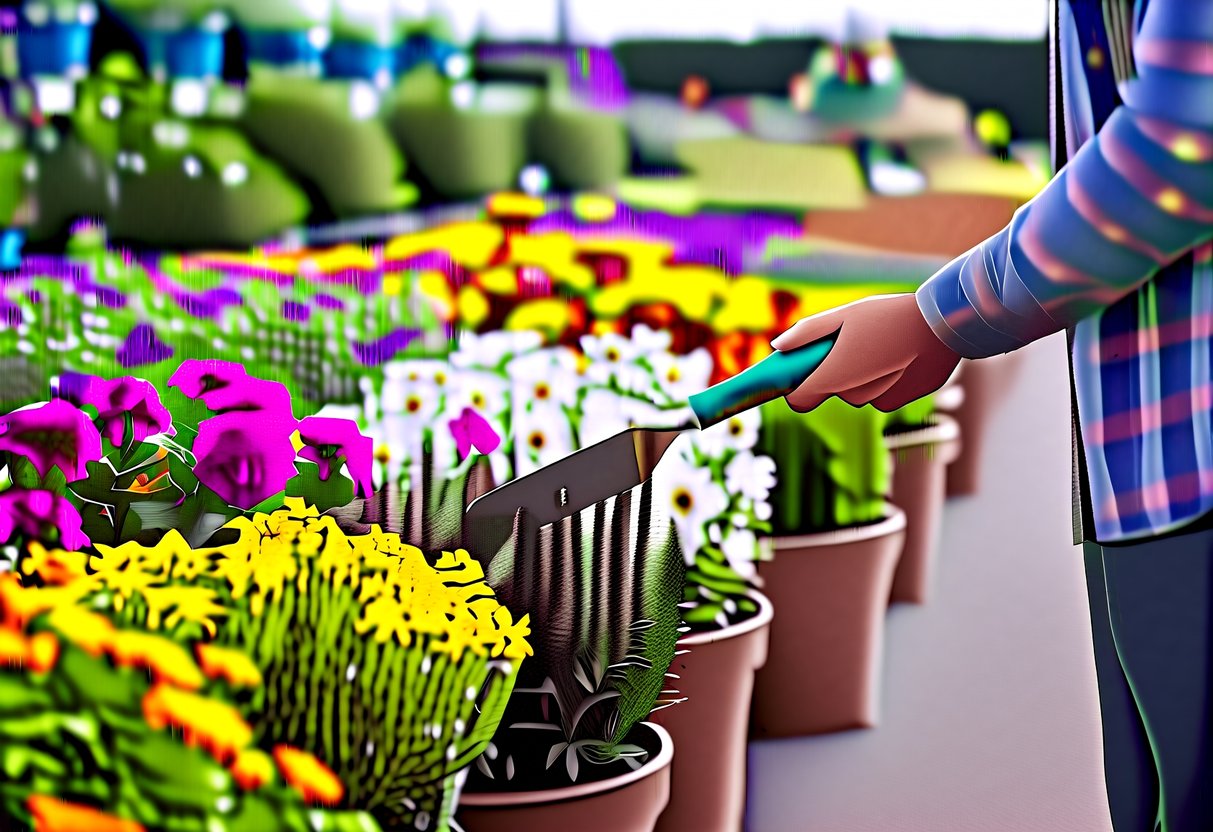 A person holding a trowel and selecting colorful plants from a garden center, surrounded by rows of potted flowers and shrubs