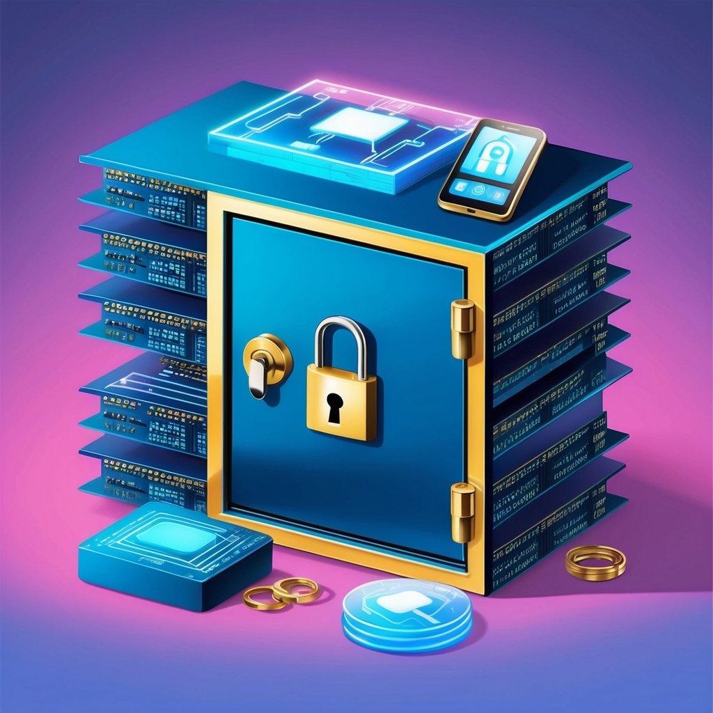 A secure vault with a digital lock surrounded by layers of encryption and security measures