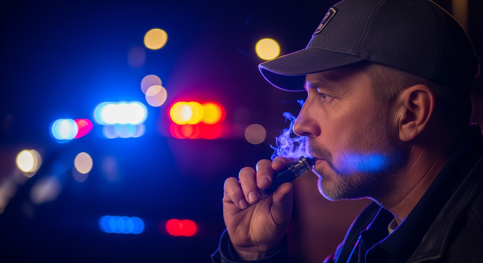 a close up, side shot of a person vaping with blue and red police flashing lights in the background