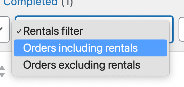 Dropdown menu allowing mercahnts to filter to only show orders including rentals or excluding rentals added by the Rental Products for WooCommerce extension.