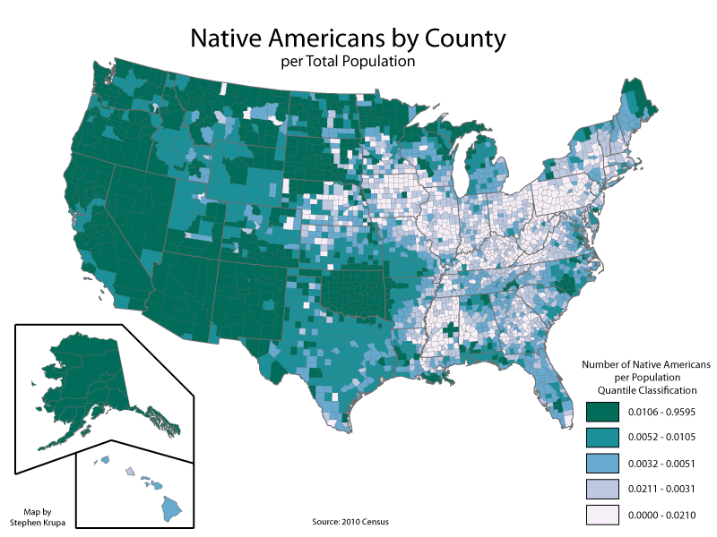 the Native American population for each county in the United States. It is sorted using the quantile classification, which means that an equal number of categories fall into each category. The distribution is much higher in the western United States and Alaska than in the east.