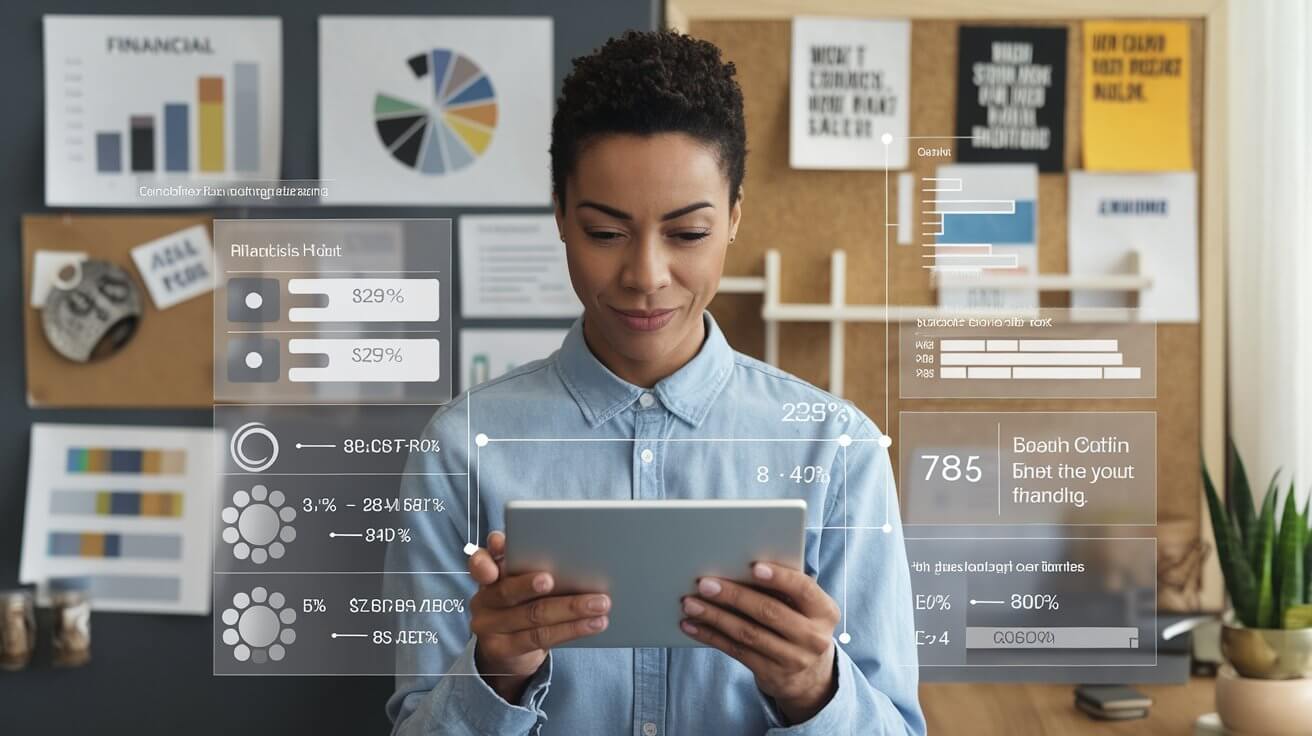 A photo of a person with a confident expression reviewing financial goals on a digital tablet