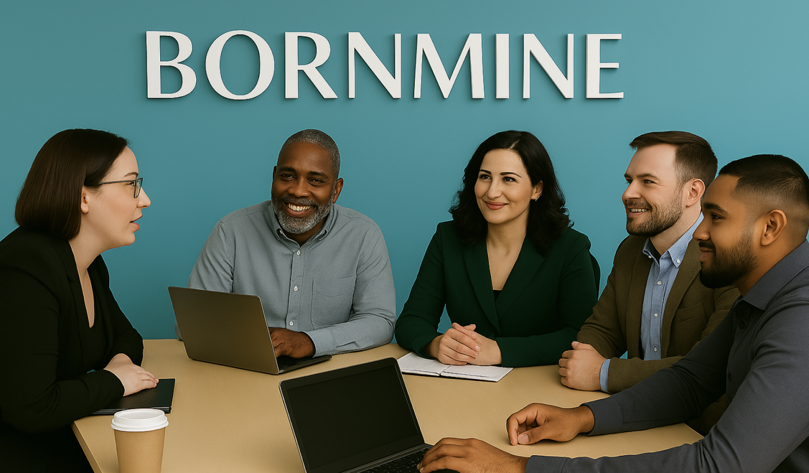 Un equipo diverso de profesionales reunido alrededor de una mesa durante una reunión. El logotipo de Bormine se ubica en la parte superior de la imagen.