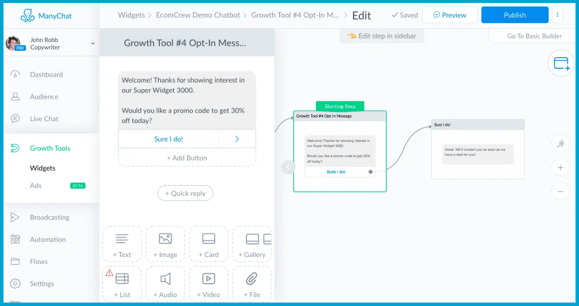 Manychat's chatbot dashboard