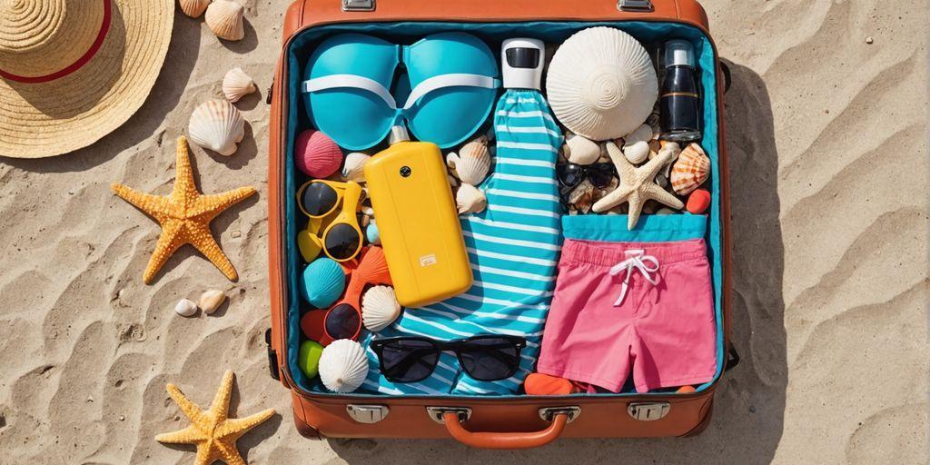 Packed suitcase with swimwear and beach accessories