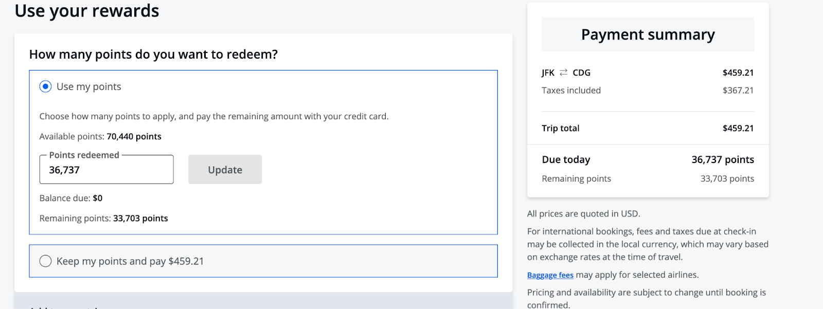 paying with points in the Chase travel portal