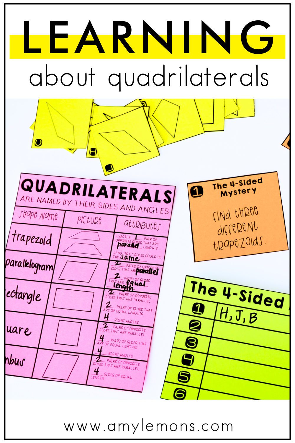 Quadrilateral activities spread across a table.