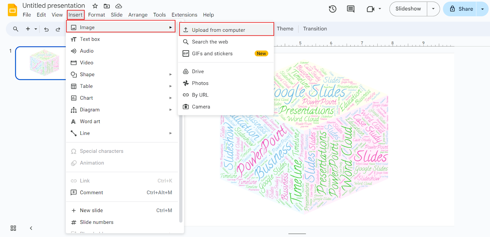 Insert > Image > Upload from computer options are highlighted. Slide has a multicolor word cloud.