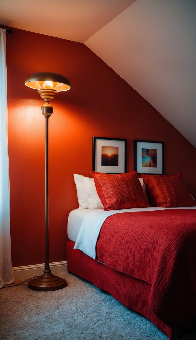 A cozy red bedroom with a Sienna Floor Lamp casting a warm glow, creating a cozy and inviting atmosphere