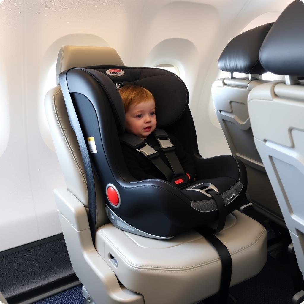 Convertible car seat installed on airplane seat