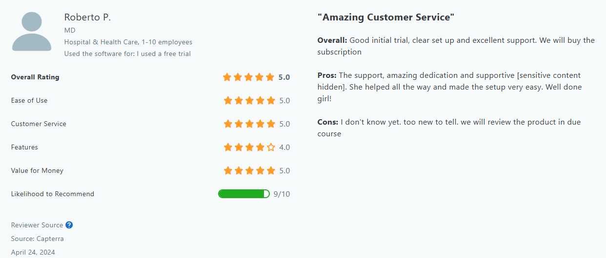 Tablein customer review on Capterra