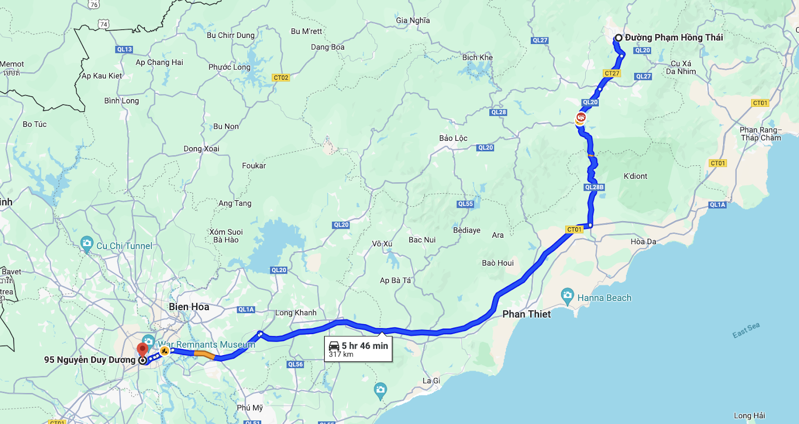 route of an anh limousine bus from sai gon to da lat