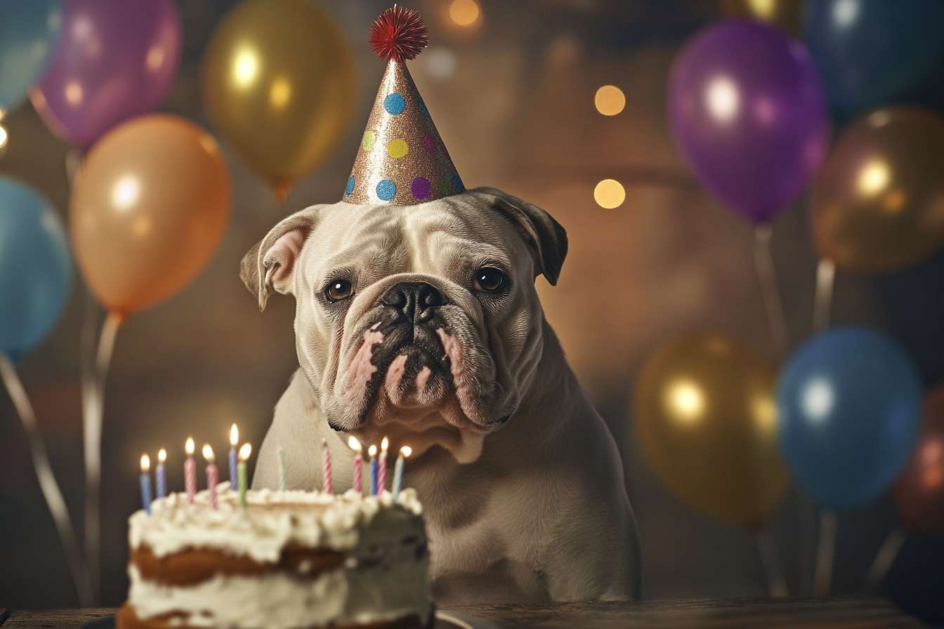 A Bulldog wearing a party hat sitting near a birthday cake | Source: Midjourney