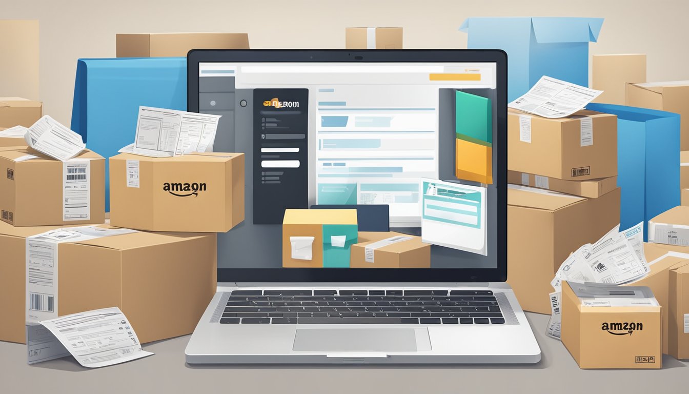 A laptop displaying Amazon seller software with product listings and sales data on the screen, surrounded by packaging materials and shipping boxes