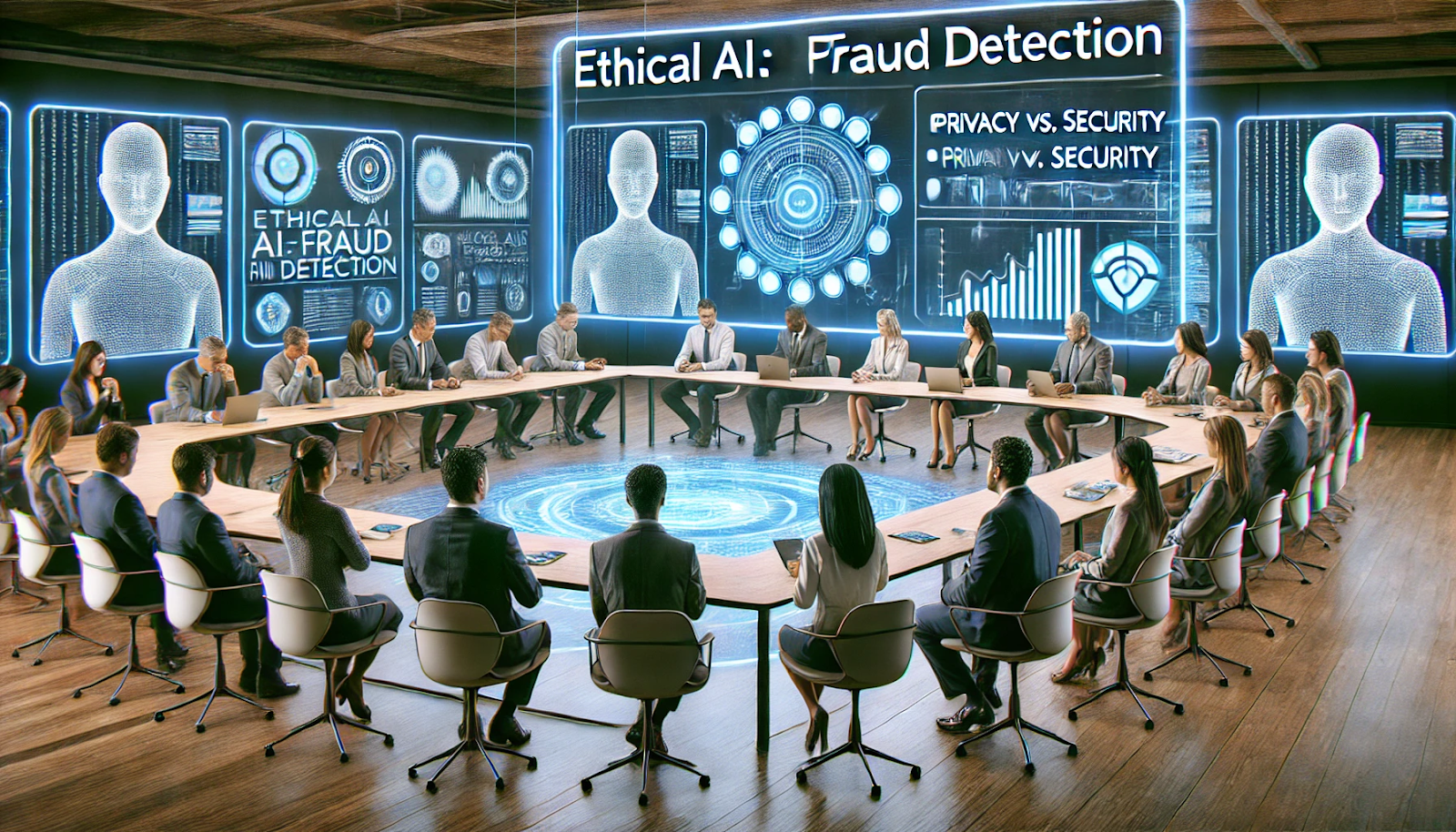 A conference room with a diverse panel of experts discussing ethical considerations in AI fraud detection. The digital screen behind them displays a slide titled 'Ethical AI: Privacy vs. Security.' Attendees, including people of different racial backgrounds, listen attentively, taking notes and discussing. The setting includes futuristic elements like holographic displays to represent the advanced nature of AI technology.