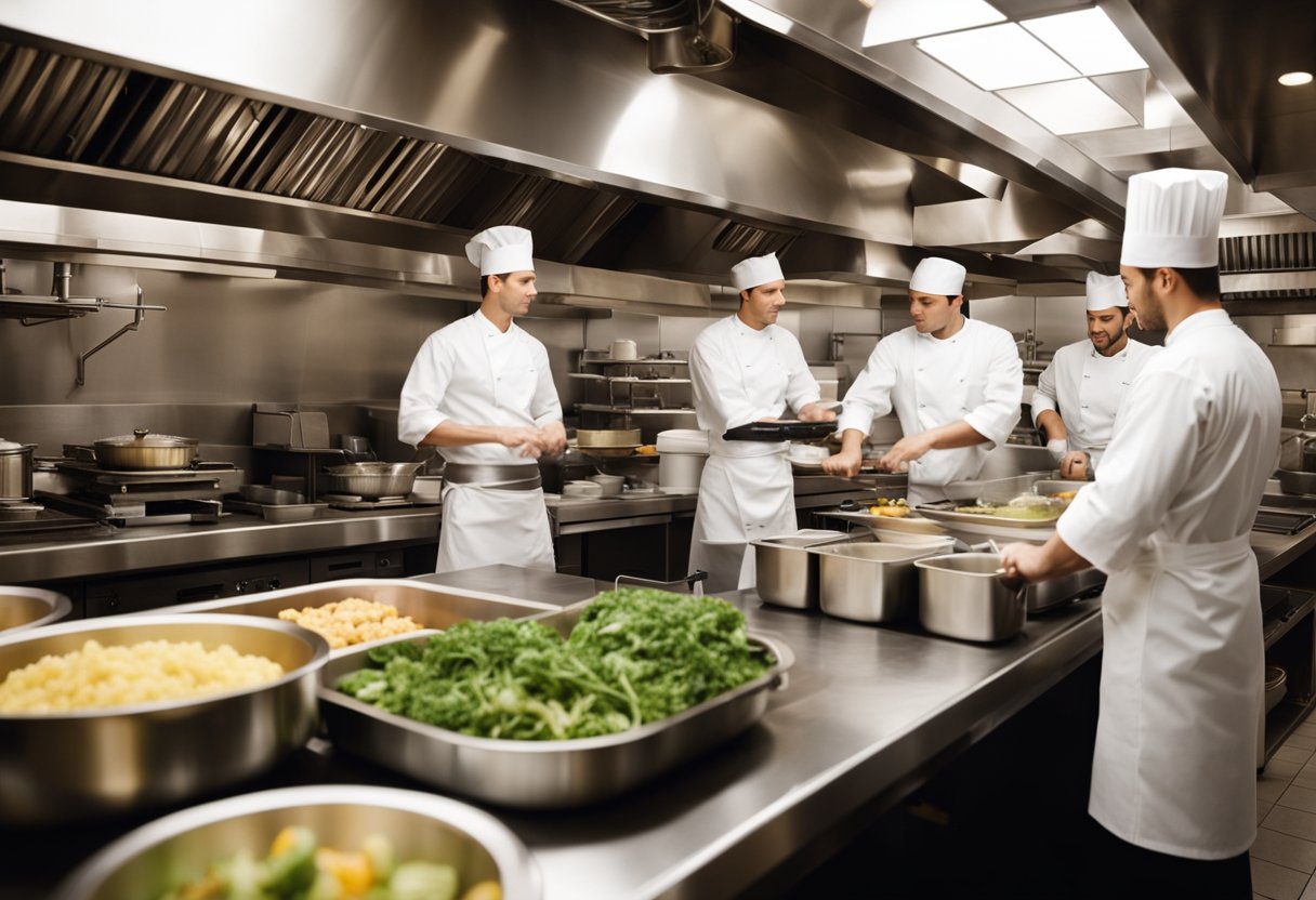 A bustling restaurant kitchen with chefs cooking, waitstaff serving, and managers overseeing operations