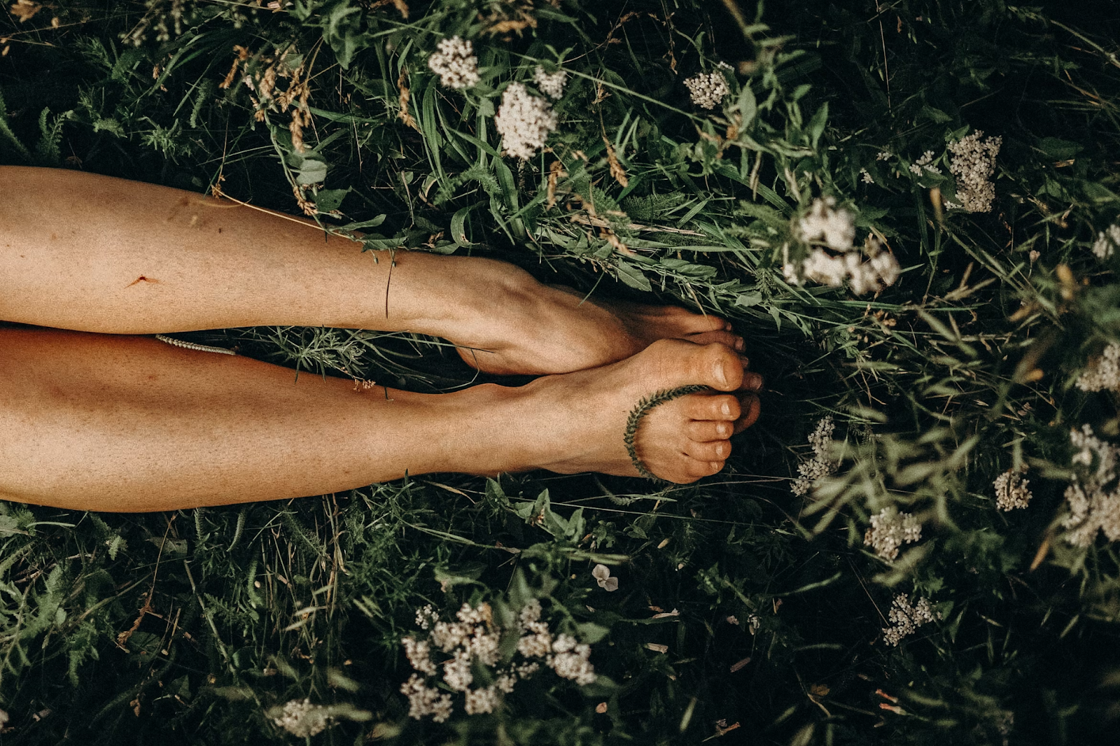 Two bare feet grounding on green grass and flowers, with a small plant around one foot.